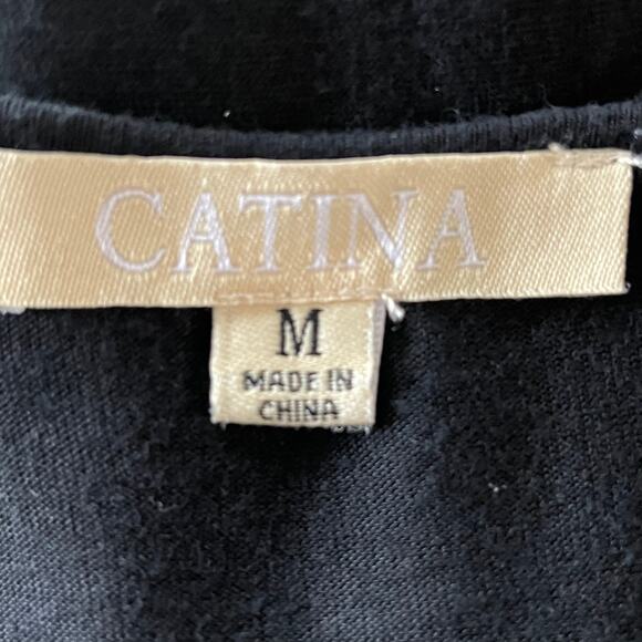 Catina Black Tunic Blouse Blue Geometric Embroidery Tassel Tie Ruffled MED Boho - Picture 8 of 10